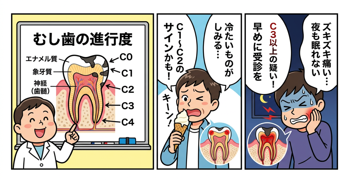 症状でわかるむし歯の進行度セルフチェック（C0〜C4）