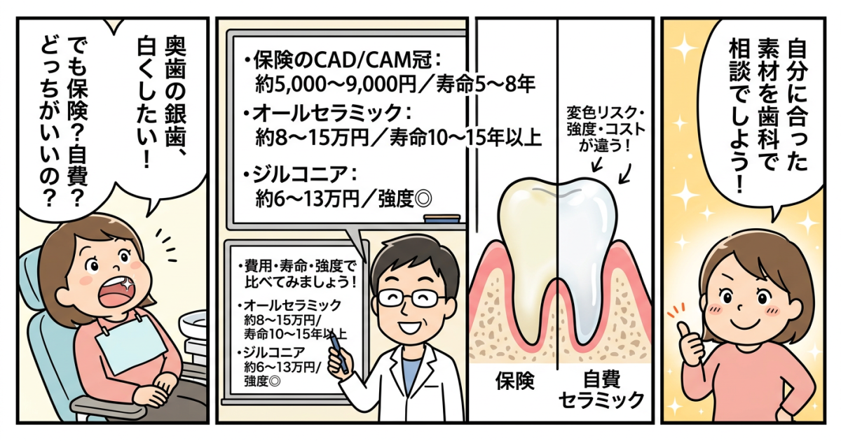 奥歯の白い歯、保険と自費どっちが正解？費用・寿命・強度で比較